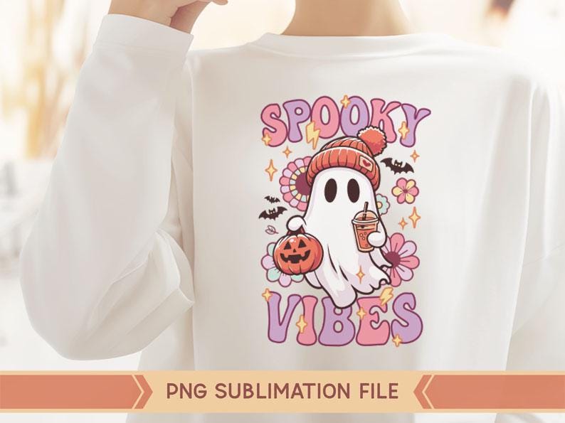 May include: A white long-sleeved shirt with a pink, purple, and white graphic design featuring a ghost holding a pumpkin and a cup of coffee. The text "Spooky Vibes" is written in pink and purple letters.