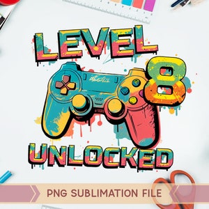 Level 8 ontgrendelde PNG, 8e verjaardag png, 8 jaar oude jongen png, Gamer PNG, Game controller png, Graffiti Gaming Controller png, Sublimation Design