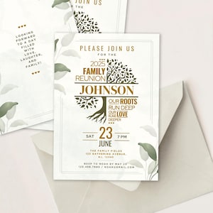 May include: Family reunion invitation with a tree graphic and the text "2025 Family Reunion Johnson." The invitation includes details for the event: date, time, and location. The design features a neutral colour palette with botanical accents.