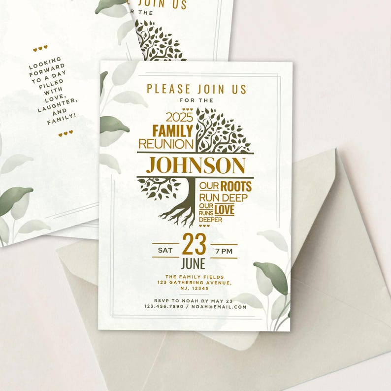 May include: Family reunion invitation with a tree graphic and the text "2025 Family Reunion Johnson." The invitation includes details for the event: date, time, and location. The design features a neutral colour palette with botanical accents.