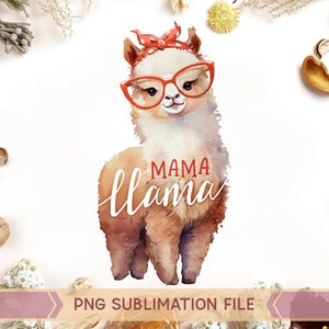 Mama Lama png, Lama met bandana png, schattige lama Sublimatie png, Moederdag png, Lama met bandana en bril png, Aquarel, Alpaca Png
