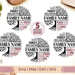 K&ouml;nnte beinhalten: F&uuml;nf schwarze und wei&szlig;e SVG-Schnittdateien f&uuml;r Familienb&auml;ume mit verschiedenen Spr&uuml;chen. Die Spr&uuml;che beinhalten "Unsere Wurzeln reichen tief", "Die Kraft, st&auml;rker zusammen zu sein", "Wir haben den Familienbaum gesch&uuml;ttelt und sind verr&uuml;ckt", "Stolz, ein Zweig in diesem Familienbaum zu sein", und "Es gibt keine Familie wie die, die wir haben".