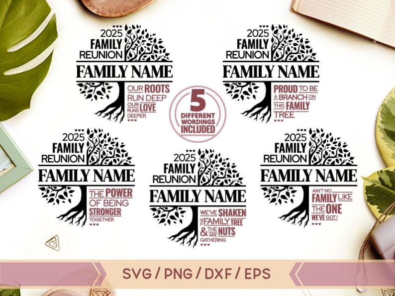 K&ouml;nnte beinhalten: F&uuml;nf schwarze und wei&szlig;e SVG-Schnittdateien f&uuml;r Familienb&auml;ume mit verschiedenen Spr&uuml;chen. Die Spr&uuml;che beinhalten "Unsere Wurzeln reichen tief", "Die Kraft, st&auml;rker zusammen zu sein", "Wir haben den Familienbaum gesch&uuml;ttelt und sind verr&uuml;ckt", "Stolz, ein Zweig in diesem Familienbaum zu sein", und "Es gibt keine Familie wie die, die wir haben".