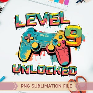 Level 9 freigeschaltet PNG, 9. Geburtstag png, 9 Jahre alter Junge png, Gamer PNG, Game Controller png,Graffiti Gaming Controller png,Sublimation Design