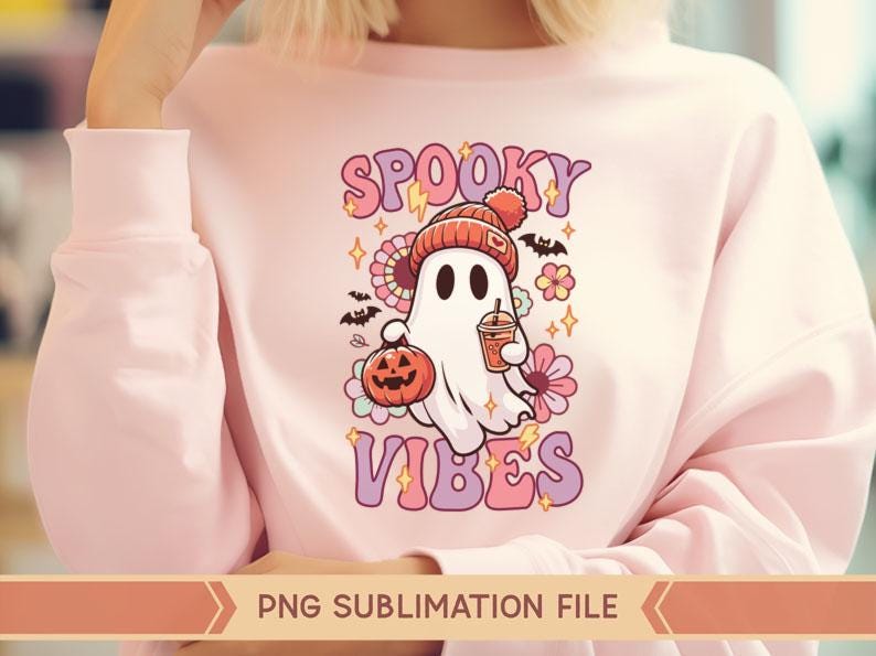 May include: Pink sweatshirt with a graphic of a ghost wearing a hat and holding a pumpkin and a cup. The text "Spooky Vibes" is printed on the sweatshirt.