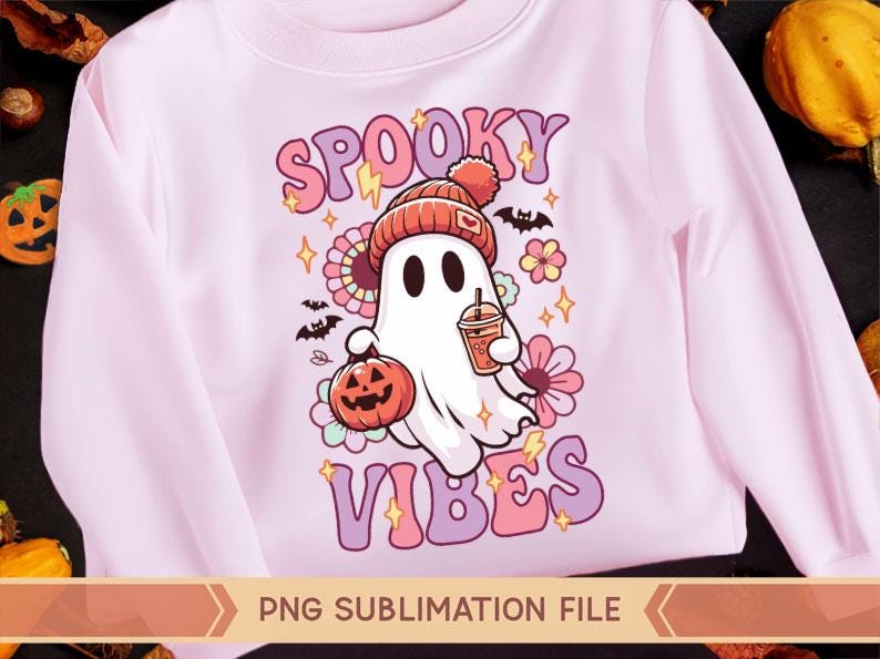 May include: A pink long-sleeved shirt with a sublimation design of a cartoon ghost wearing a beanie and holding a pumpkin and a cup. The text "Spooky Vibes" is in a retro font.