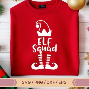 May include: A red crewneck sweatshirt with a white "ELF Squad" graphic. The design features an elf hat, text, and elf shoes. Festive holiday apparel, perfect for Christmas or a themed party.