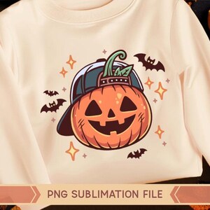 May include: A light pink sweatshirt with a cartoon pumpkin wearing a baseball cap and sunglasses. The pumpkin has a toothy grin and is surrounded by bats and stars.