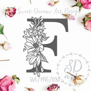 Bloemen letter F svg, monogram letter svg, decoratieve eerste svg, bloem F lettertype svg, monogram lettertype svg, bloemen alfabet svg, bloemen monogram