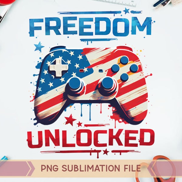 Freedom unlocked png, patriotic png for kids, USA Game Controller png, 4th of july png, American flag png, American gamer png