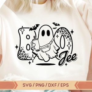 May include: Black and white graphic design featuring a ghost holding a cup with the text "Boo Jee" in a leopard print design.