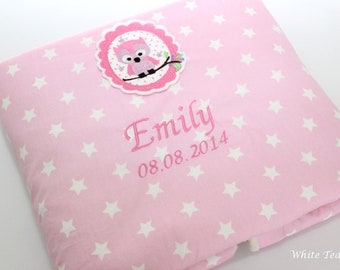 Babydecke Sternen-Eule, Waldtiere, Tiere, Sterne, Teddyfell, rosa, Kuscheldecke, Kinderwagendecke, Maxi Cosi Decke, Wiege, personalisiert