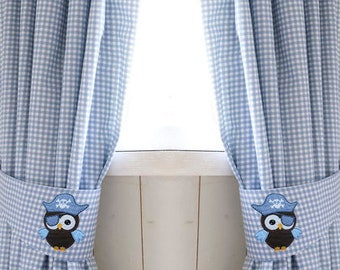 Vorhang Piraten Eule Vichy Karo hellblau Gardine Vorhänge mit Raffhalter Kinderzimmer Babyzimmer curtains children owl