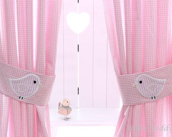 Vorhang Gardine Vögelchen Vichy Karo rosa/weiss Schal Kinderzimmer Mädchen Geschenk Raffhalter Babyzimmer Ostern curtains