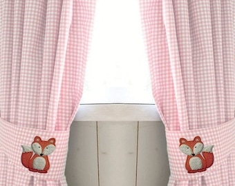 Vorhang Gardine Fuchs Vichy Karo rosa Vorhänge mit Raffhalter Schal Babyzimmer Kinderzimmer curtains fox for children