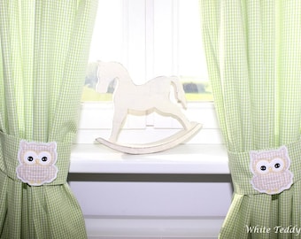 Rideau hibou Vichy carreaux vert/blanc rideau écharpe rideaux avec embrasses chambre bébé chambre enfant rideaux oiseaux hibou enfants