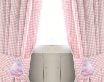 Curtain Vichy plaid pink sailboat curtains curtains with tie-up maritime girl room scarf baby room curtains children sailboat