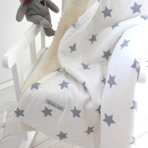 baby blanket, stars white grey, teddy fur, cuddly blanket, stars, children's blanket, cotton, sofa blanket, stroller blanket, personalized image 1