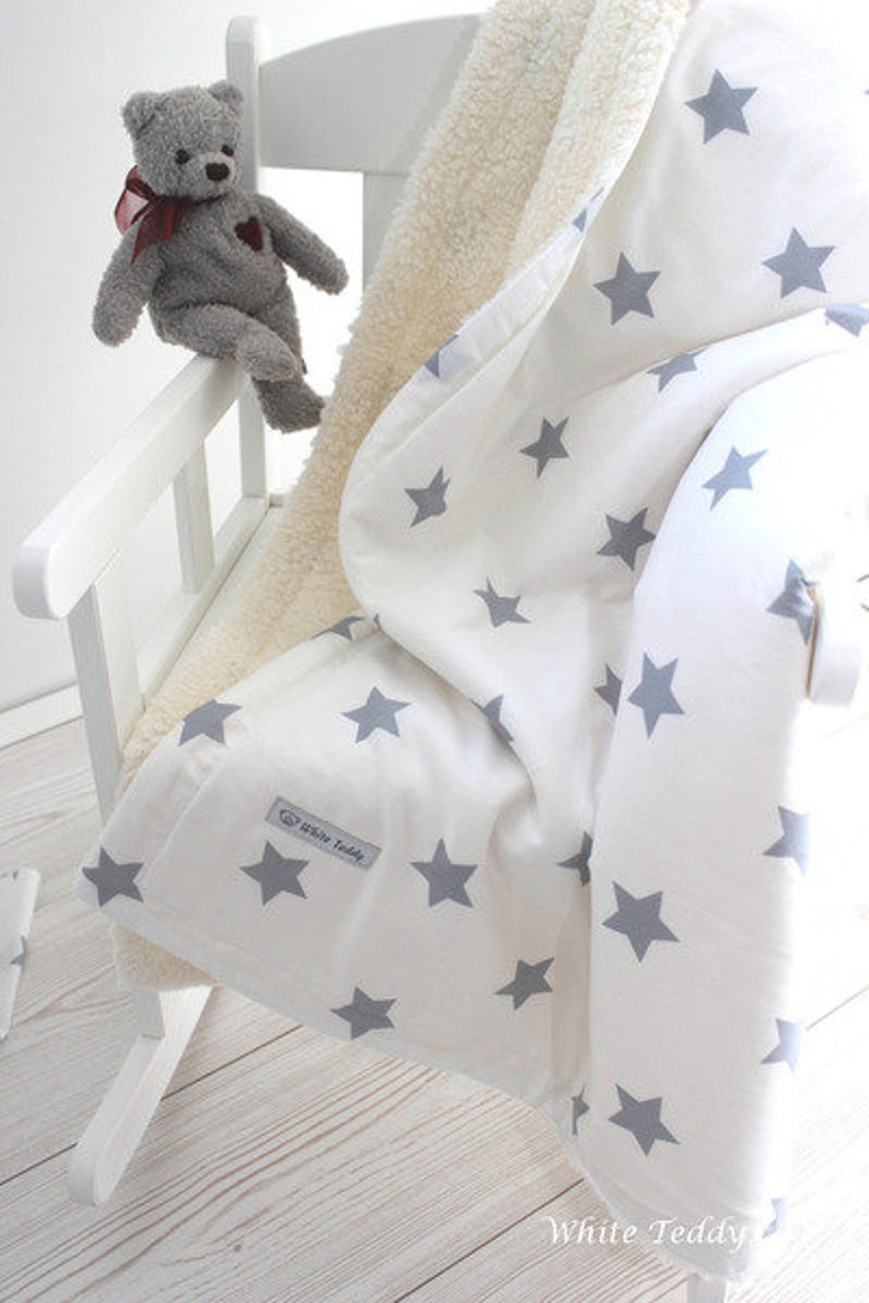 baby blanket, stars white grey, teddy fur, cuddly blanket, stars, children's blanket, cotton, sofa blanket, stroller blanket, personalized image 1