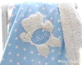 Baby blanket light blue teddy fur stars teddy name cuddly blanket bear stroller blanket