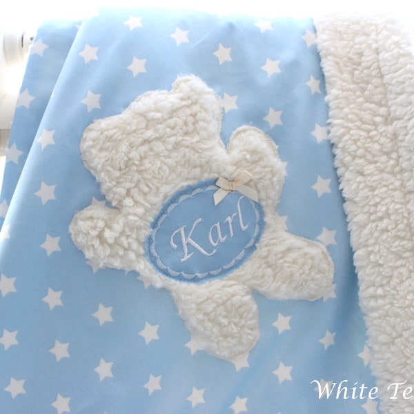 Babydecke hellblau Teddyfell Sterne Teddy Namen Kuscheldecke Bär Kinderdecke Kinderwagendecke