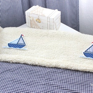 baby blanket, sailboat, ship, Vichy plaid blue/white, boat, maritim, cuddly blanket, stroller blanket, teddy fur, name personalized