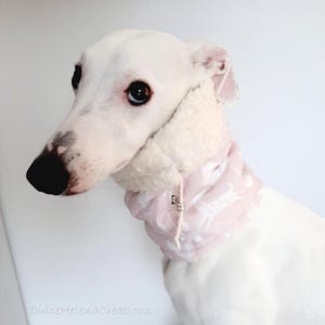 Könnte beinhalten: Ein weißer Hund trägt einen rosa-weißen gemusterten Fleece-Halswärmer mit weißem Fleece-Futter. Der Halswärmer hat einen weißen Kordelzug und einen silbernen Anhänger.