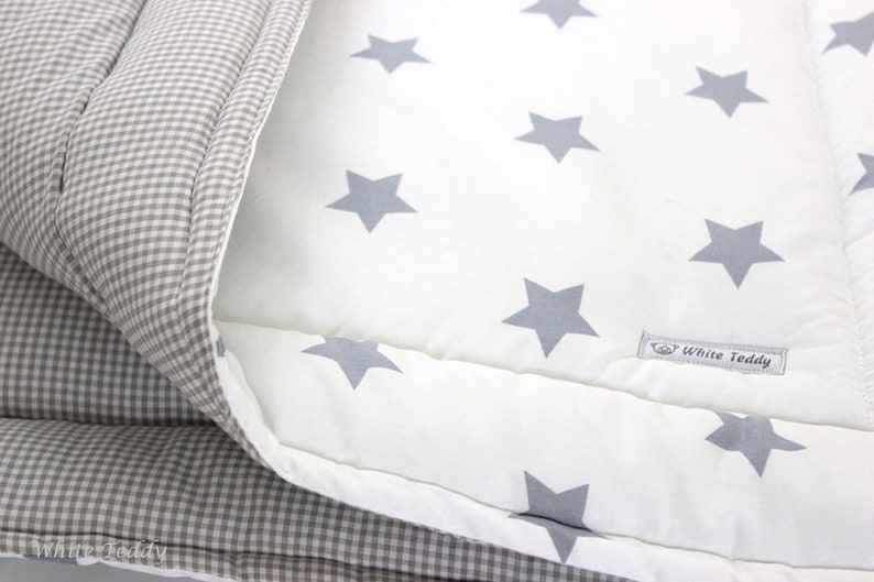 Krabbeldecke Babydecke Sterne/Vichy grau/weiss Bild 2