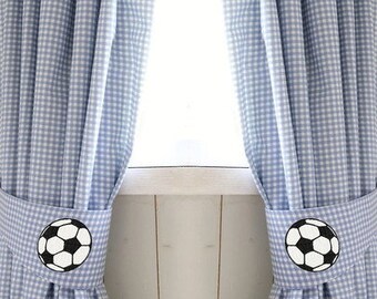 Curtain Curtain Football Vichy Check Light Blue Scarf Children's Room Baby Room Window Decoration Curtain with Raffle Holder Cotton curtain