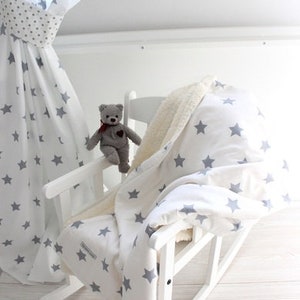 baby blanket, stars white grey, teddy fur, cuddly blanket, stars, children's blanket, cotton, sofa blanket, stroller blanket, personalized image 3