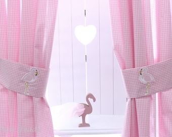 Cortina Cortina Flamingo Bufanda Vichy Check Rosa Habitación Infantil Baby Room Cortinas con Raffle Holder Flamingo Cortinas de algodón niños