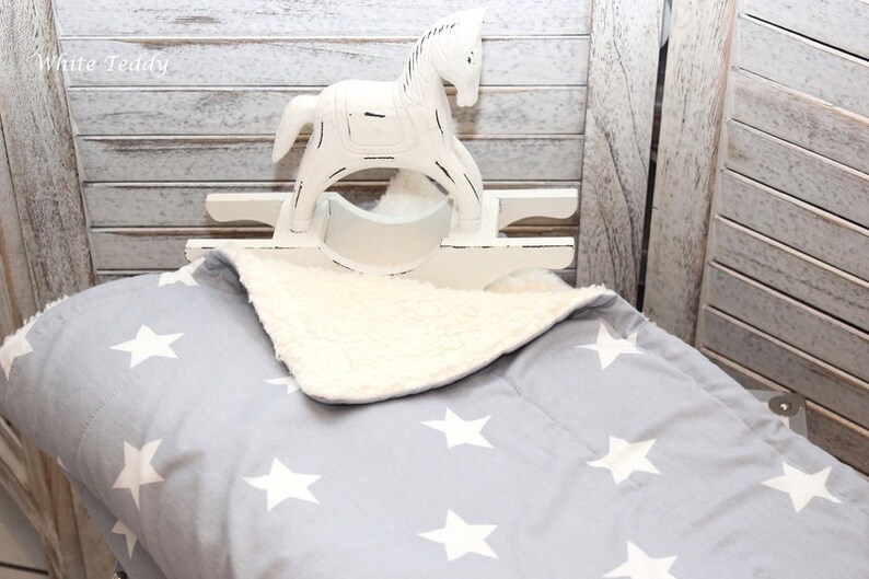 Babydecke, Teddyfell, Maxi Sterne, grau, Kinderdecke, Kuscheldecke, stars, Teddyfell, Baumwolle, Kinderwagendecke, Wiegendecke, Bild 3