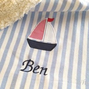 Baby blanket Sailboat Ship Maxi stripes blue/white cuddly blanket children&#39;s blanket stroller blanket maritime teddy fur name personalized