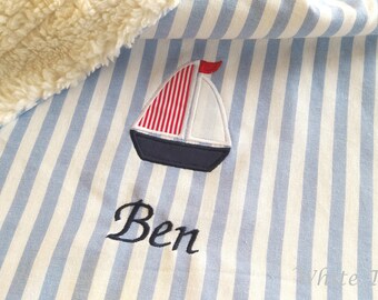 Baby blanket Sailboat Ship Maxi stripes blue/white cuddly blanket children&#39;s blanket stroller blanket maritime teddy fur name personalized