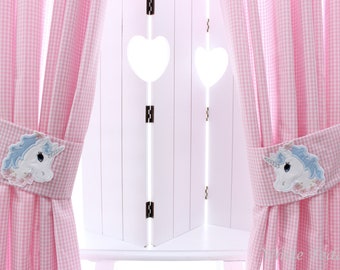 Vorhang Gardine Einhorn Schal Vichy Karo rosa Kinderzimmer Babyzimmer Fensterdeko Vorhänge mit Raffhalter Unicorn Baumwolle