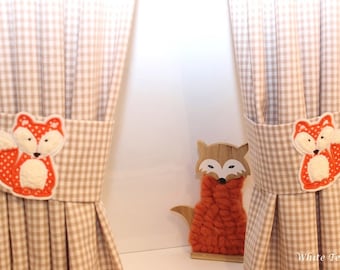 Vorhang Gardine Fuchs Waldtiere Vichy Karo beige Schal Kinderzimmer Babyzimmer Vorhänge Baumwolle curtains fox