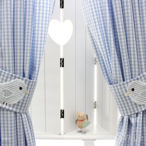 Vorhang Gardine Curtain Vögelchen Schal Vichy Karo hellblau Kinderzimmer Babyzimmer Fensterdeko Vorhänge Vogel Baumwolle Bild 1