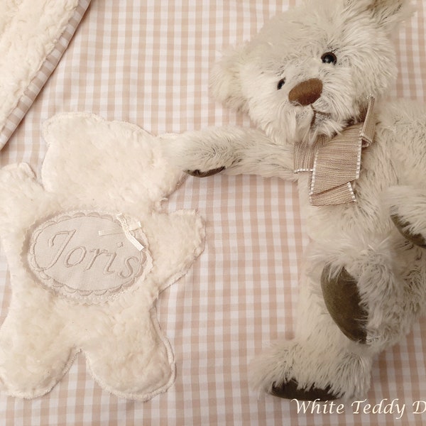 Babydecke, Teddy, Teddyfell, Vichy Karo beige, Teddybär, Winterdecke, Kinderwagendecke, Maxi Cosi, personalisiert mit Namen, Bär