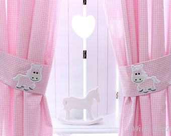 Cortina Cortina Bufanda de caballo Vichy Check Rosa Mecedor Caballo Habitación infantil Caballo Baby Room Cortinas con rifa Cortinas mecedoras caballo