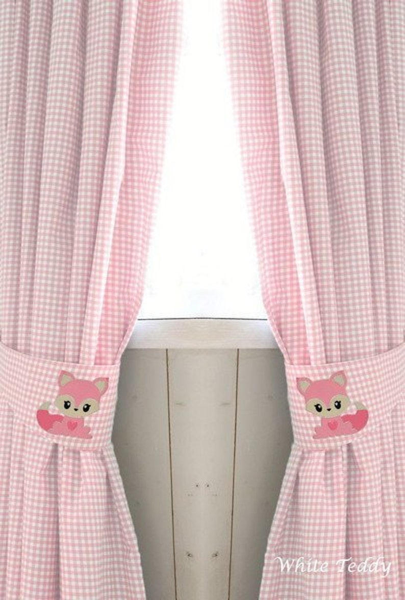 Gardine Fuchs-Baby Vichy Karo rosa hellblau Vorhang Wildtiere Vorhänge mit Raffhalter Babyzimmer Kinderzimmer curtains baby fox children Bild 1