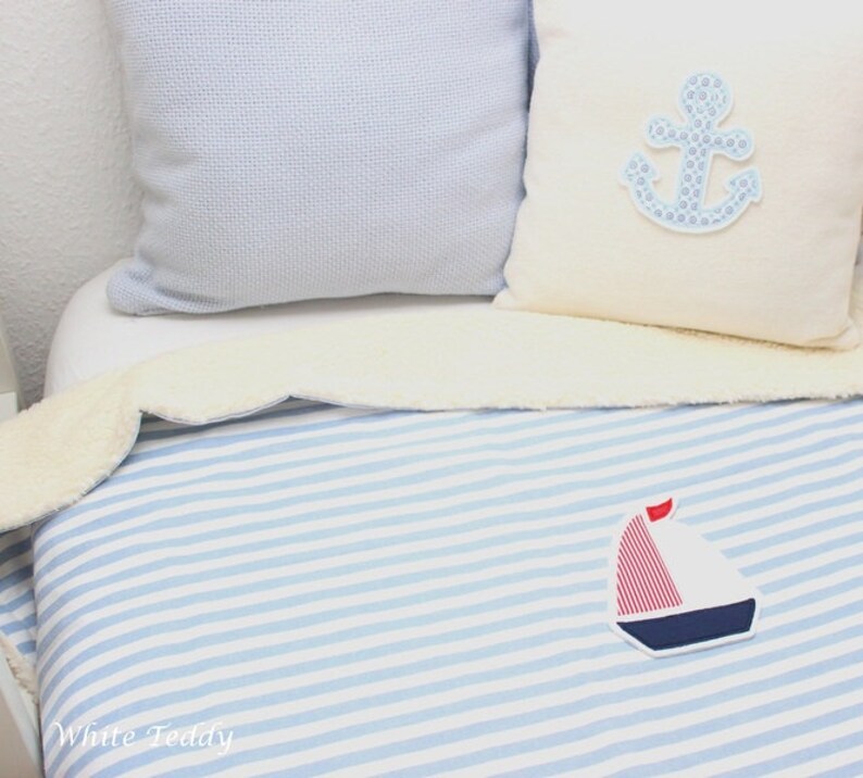 Couverture enfant garçons, maritime, voilier bleu 140 x 200, couvre-lit, couette, couverture de canapé, couvre-lit image 3