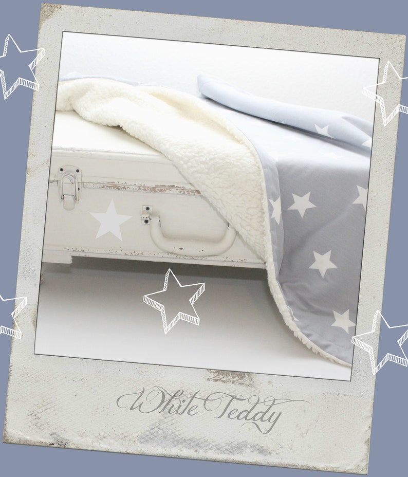 Babydecke, Teddyfell, Maxi Sterne, grau, Kinderdecke, Kuscheldecke, stars, Teddyfell, Baumwolle, Kinderwagendecke, Wiegendecke, Bild 1