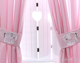 Cortinas Cortina Elefante Vichy Check Pañuelo Rosa Guardería Baby Room Cortinas Cortinas de algodón elefante