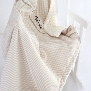 Baby blanket, teddy fur, vichy croup beige, cradle blanket, children&#39;s blanket, maxi cosi blanket, gift, baptism, birth, personalized