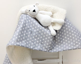 Manta bebé, estrellas, gris/blanco, manta cuna, manta infantil, manta de peluche, peluche, estrellas, manta Maxi Cosi, manta de cochecito, personalizada