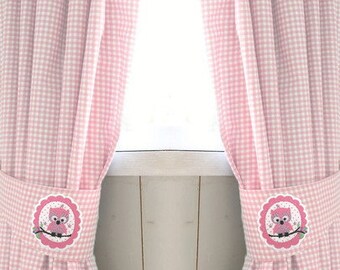 Vorhang Eule Vichy Karo rosa Gardine Schal Babyzimmer Kinderzimmer Vogel Vorhänge mit Raffhalter curtains children