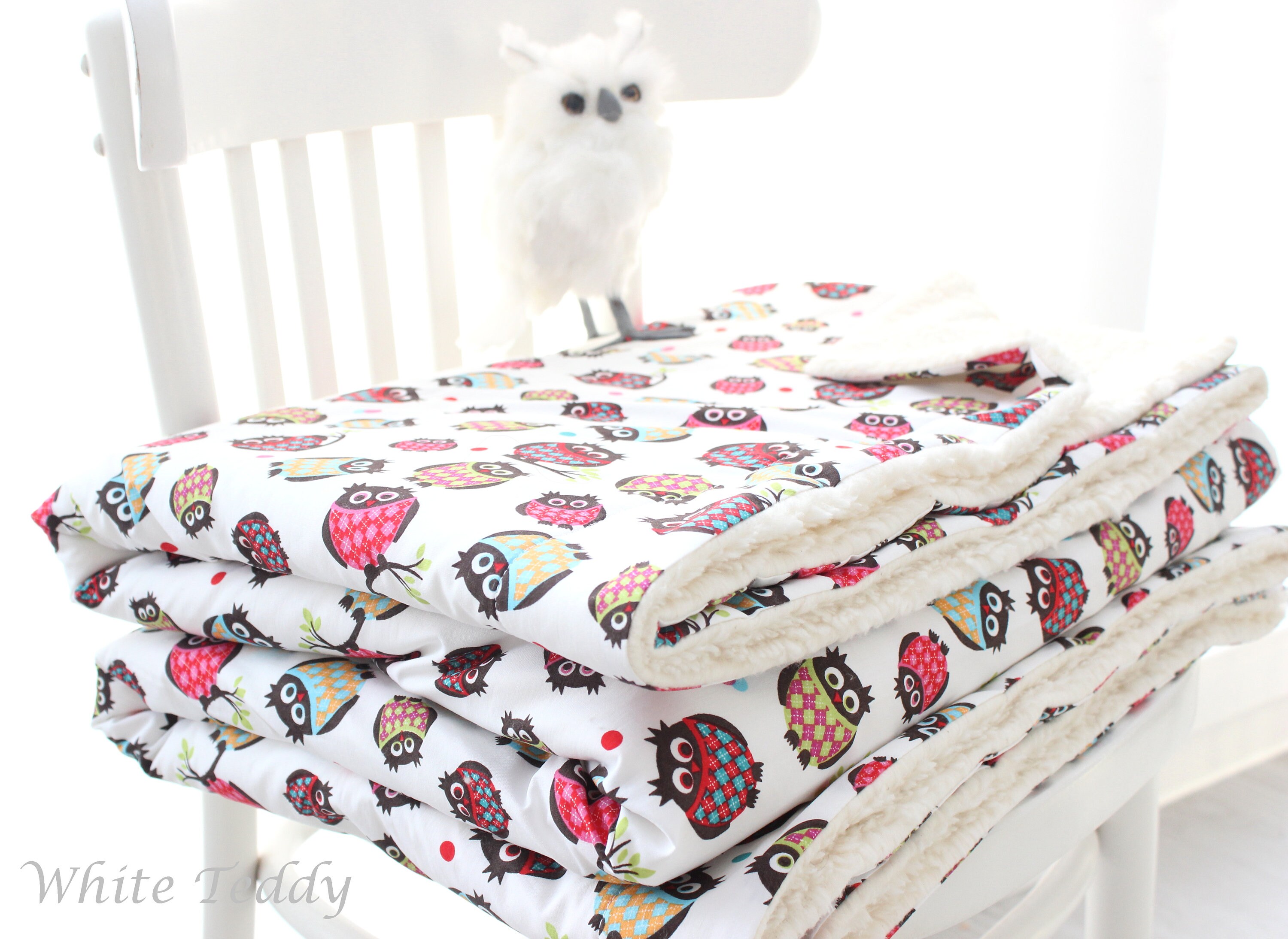 Baby blanket, forest animals, owls, colorful, animals, children's blanket, teddy fur, snuggle blanket, Maxi Cosi blanket, stroller blanket, personalized