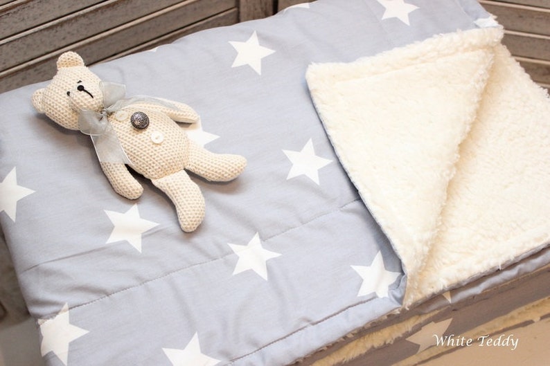 Babydecke, Teddyfell, Maxi Sterne, grau, Kinderdecke, Kuscheldecke, stars, Teddyfell, Baumwolle, Kinderwagendecke, Wiegendecke, Bild 2