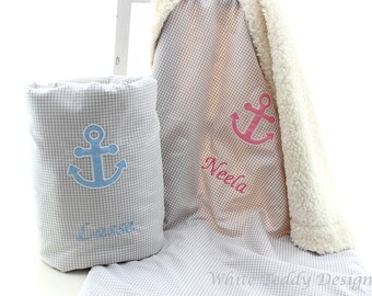 Baby blanket Vichy plaid grey white anchor pink maritim cuddly blanket stroller blanket teddy fur name personalized