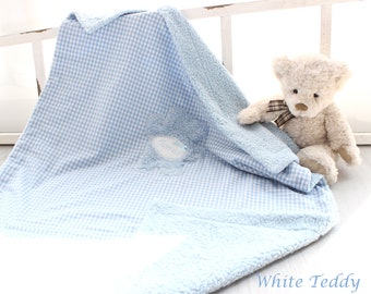 Babydecke Teddyfell Vichy blau Teddy Namen personalisiert Kuscheldecke Kinderwagendecke Wiegendecke Kinderdecke Geschenk Geburt Hundedecke